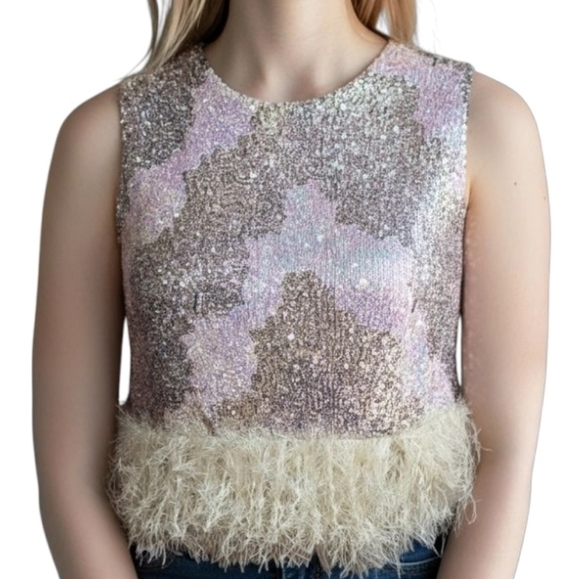 fab'rik Tops - fab'rik Sequin Crop Top with Feather Trim